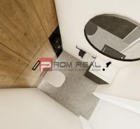 A bathroom in a 4-room apartment with a wood-patterned floor and a wall mirror.