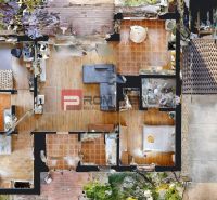 Floor plan of a family house with a wooden decor floor and room furnishings.