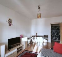 Living room in a two-room apartment with red cushions and a wooden decor floor.