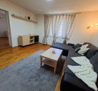 Living room in a family house with a sofa, table, wooden decor flooring, and a carpet.
