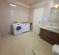 A bathroom in a family house with a washing machine, a sink, and a cabinet.