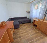 A room in a family house with a gray sofa, wooden furniture, and a floor with a wooden decor.