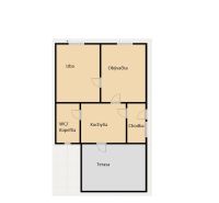 Floor plan of a family house: terrace, kitchen, living room, bedroom, toilet/bathroom, hallway.