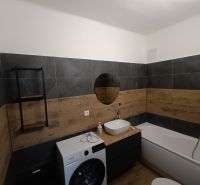 Bathroom in a 2-room apartment with wood-patterned flooring, a washing machine, and a bathtub.