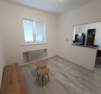 Living room in a two-room apartment with a wooden decor floor and simple furniture.