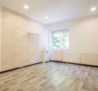 A room in an office with a wooden decor floor, a sink, and a window.