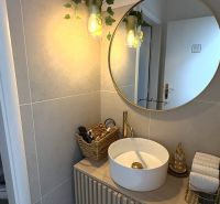 Bathroom commercial spaces with a sink, mirror, and plant on the wall.