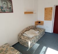 A hotel room with a sofa, a painting on the wall, a carpet, and wooden accessories.