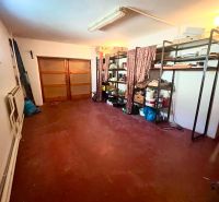 A garage in a family house with a shelving system and wooden doors.