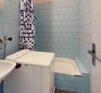 A bathroom in a 2-room apartment with blue tiles and a shower corner.