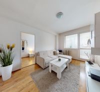 Living room in a two-room apartment on K výstavisku street with a comfortable sofa and wooden floor.