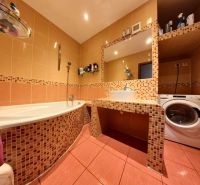 A bathroom in a 4-room apartment with orange tiles, a bathtub, and a washing machine.