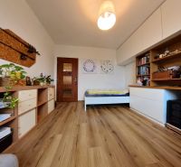 A room in a 4-room apartment with a bed, shelves, plants, and a floor with a wooden decor.
