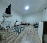 A room in a family house with a wooden decor floor and basic furniture.