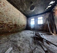 A shabby room with exposed bricks and an unfolded ladder, Family house.