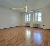 Offices with wood-patterned flooring and windows through which natural light penetrates.
