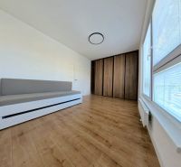 A room in a 3-room apartment with a wooden decor floor and a built-in wardrobe.