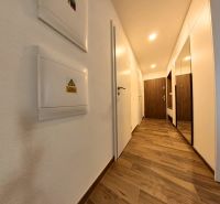 A hallway with a wooden decor floor and built-in wardrobes in a 3-room apartment.