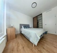 A bedroom with a wood-patterned floor and a built-in wardrobe in a three-room apartment.