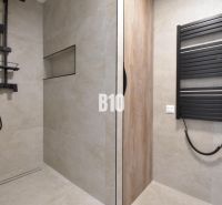 Bathroom in a 4-room apartment with a modern shower and a black radiator.