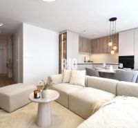 Living room with kitchen in a 4-room apartment, with a wooden decor floor.