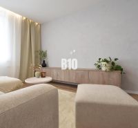 A bright living room in a 4-room apartment with wood-decor flooring and minimalist furniture.
