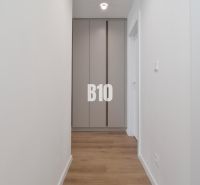 A hallway with a built-in wardrobe and a floor with a wood decor in a 4-room apartment.