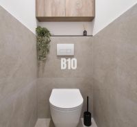 Bathroom with a wall-hung toilet, wood-effect flooring, and storage space.