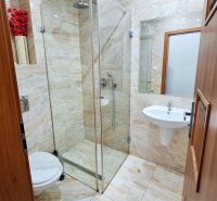 Bathroom with toilet, shower, and decorative flowers in hotels and guesthouses.