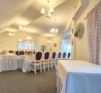 Interior with a set table, chairs, floral curtains, and lighting. Hotels and guesthouses.