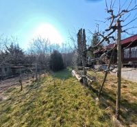 The garden of the cottage on Pri Kaplnke Street in Štitáre with a grassy plot and trees.