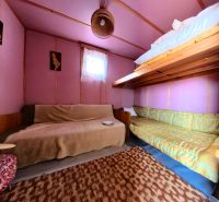 A cottage with pink walls, a bunk bed, and colorful couches.