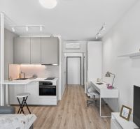 Studio apartment with a kitchenette, wooden floor, and a desk.