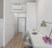 A workspace with a lamp and decoration, Studio apartment, floor with wood decor.