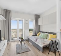 Studio apartment with a sofa, television, and balcony, floor with wood decor.