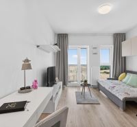 A studio apartment with a wooden floor, a sofa, a desk, and a balcony.