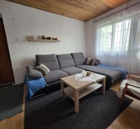 Living room in a cabin with a sofa, coffee table, and wooden decor flooring.