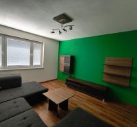 Living room in a 3-room apartment with a wooden decor floor and a green wall.
