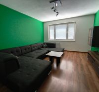 Living room with a dark couch, green wall, and wood-patterned floor.