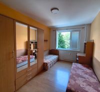 A room in a 3-room apartment with a wooden decor floor, a large window, and furniture.