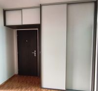 Entrance hall in a 3-room apartment with wood-patterned flooring and a built-in wardrobe.