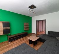Living room with a colorful wall, gray sofa, and wooden decor flooring in a three-room apartment.