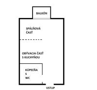 Layout of a 1-room apartment: bedroom and living area with kitchen, bathroom with toilet, balcony.