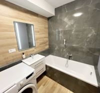 Bathroom in a studio apartment with a bathtub, sink, and washing machine, floor with wood decor.