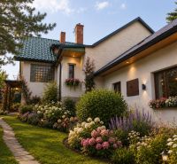 In Kosorín, a family house surrounded by a flower garden and a lit pathway.