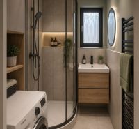 A bathroom in a family house with a washing machine, shower, and sink with a mirror.