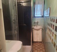 A bathroom in a family house with a corner shower and tiled floor.