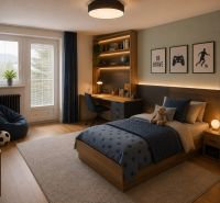 Children's room in a family house with decoration, bed, and floor with wooden decor.