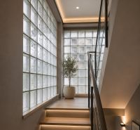 Staircase illuminated with LED strips, glass blocks, flowers in a family house.