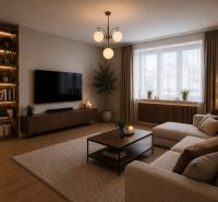 Living room in a family house with a large window, sofa, and illuminated shelf.